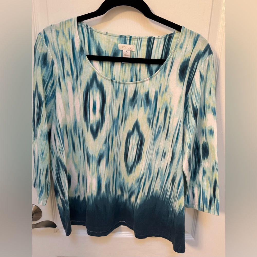 Chico’s Women’s Top, Multi shades of Teal, Size Large, 3/4 Sleeves, Round Neck